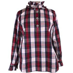 St. Johns Bay Womens Plaid Ruffle Neck Blouse Rhinestone Button Red Green PS NWT